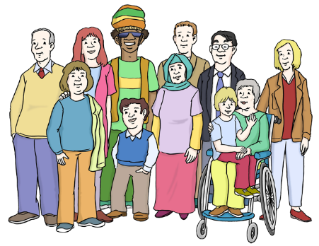 Menschen mit Behinderungen und Ausländer stehen gemeinsam nebeneinander