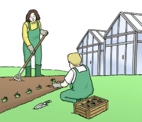 Man einen Mann und eine Frau im Garten arbeiten