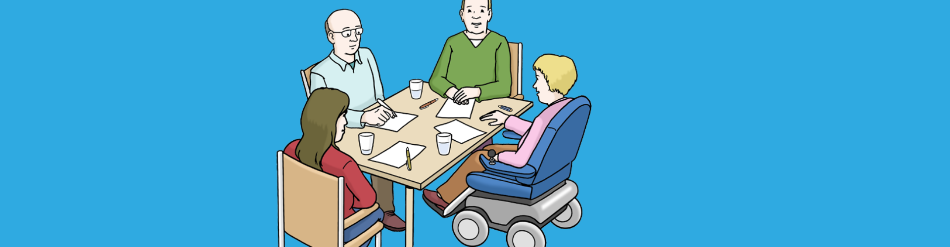 Man sieht eine Familie. Zwei Frau, darunter eine im Rollstuhl, ein alter Mann und ein junger Mann. Sie besprechen etwas