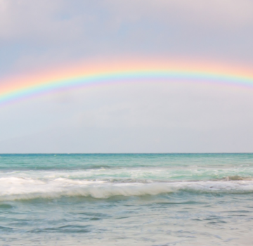 Ein blau und lila farbiger Himmel. Man sieht auch einen Regenbogen und das Meer.