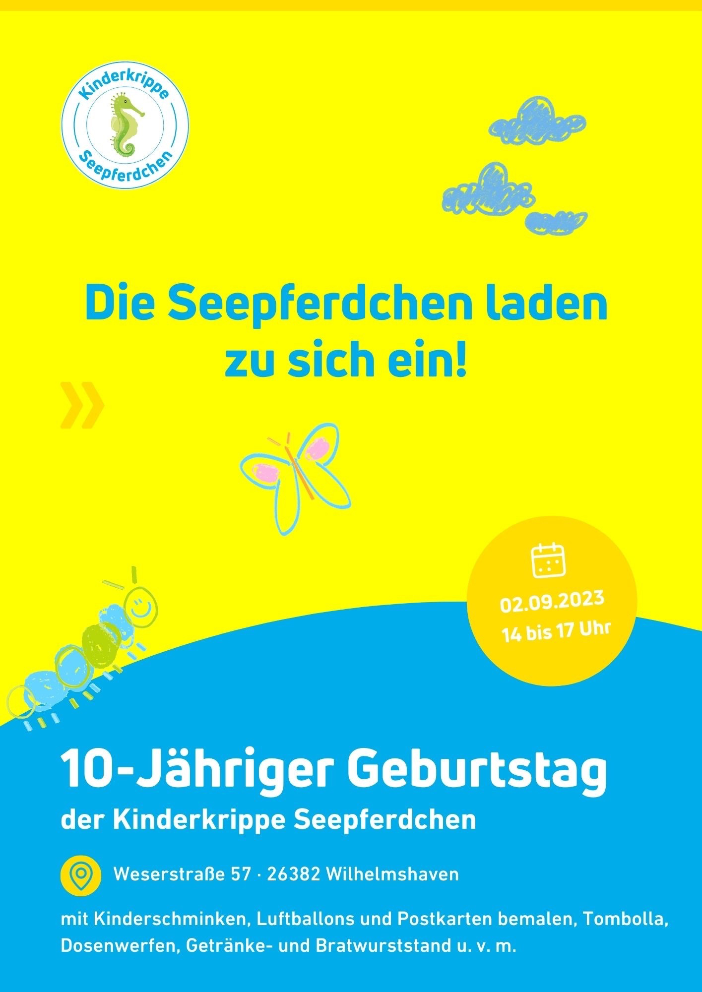 Flyer/Plakat für den 10-jährigen Geburtstag der Kinderkrippe Seepferdchen.